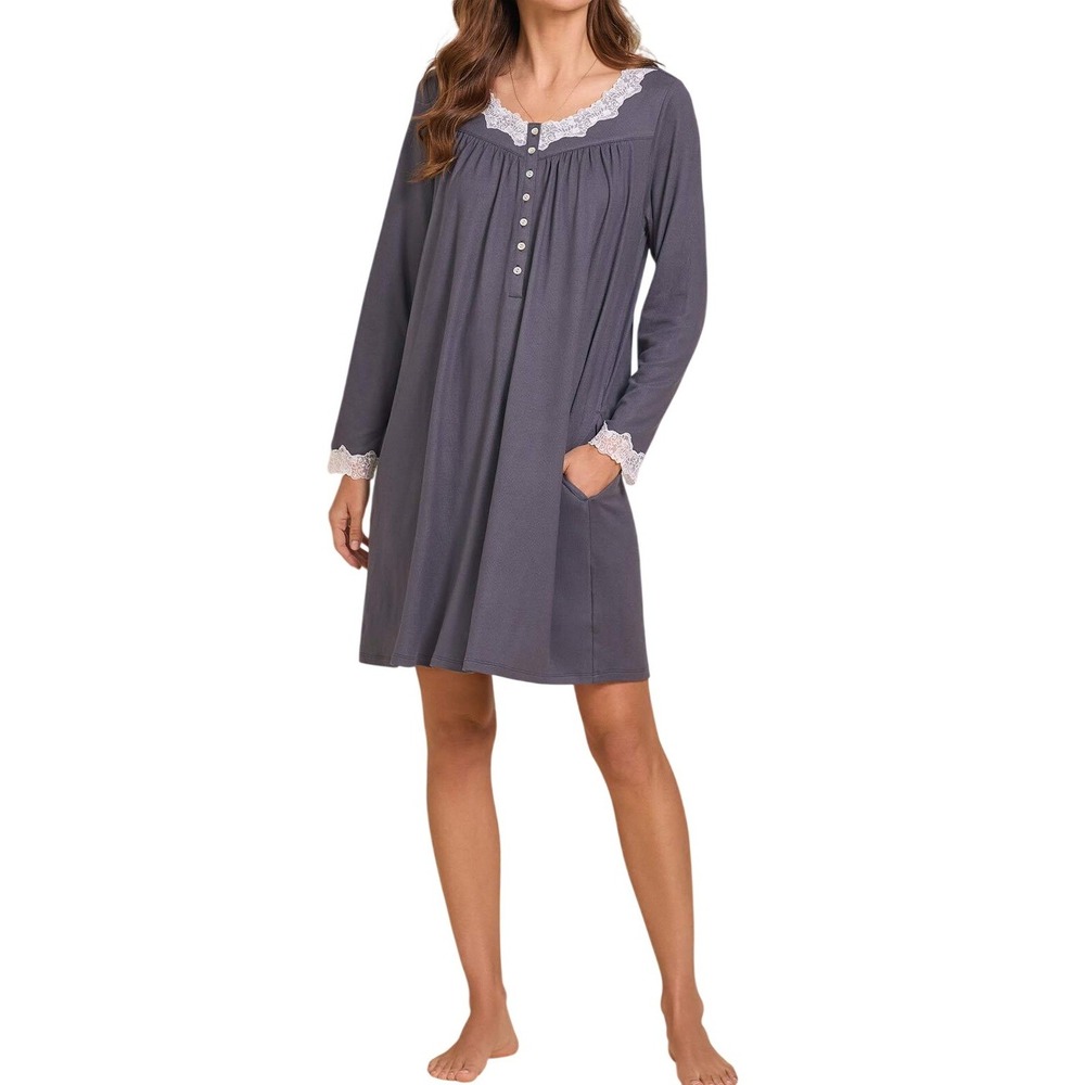 Eileen West Nightgown Charcoal Dreamy Sweater Knit Chemise Large Lace Sleepwear
